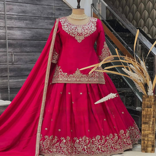 Wedding Wear Chinon Silk Lehenga Top With Dupatta
