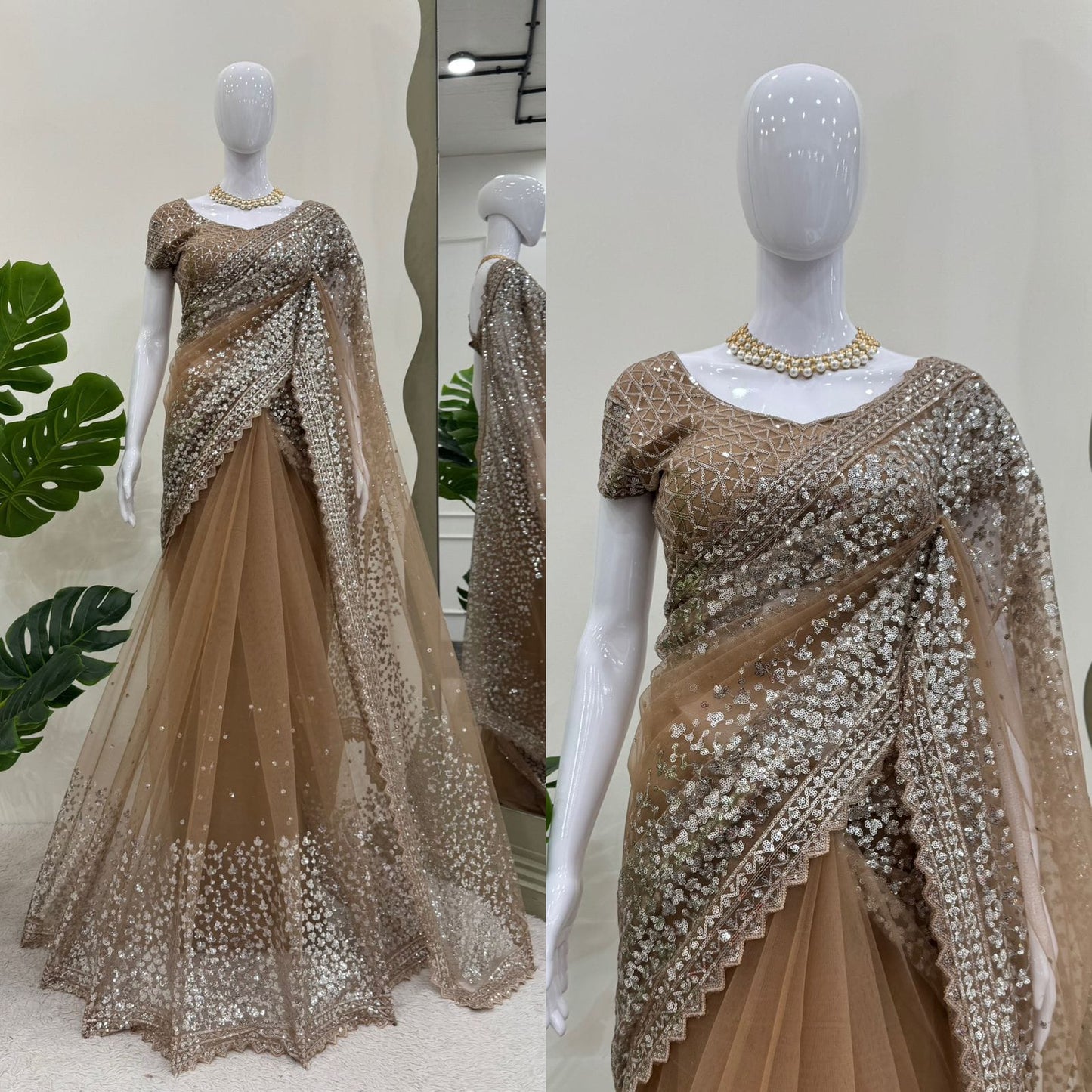 Skin Color Soft Net Sequence Work Saree