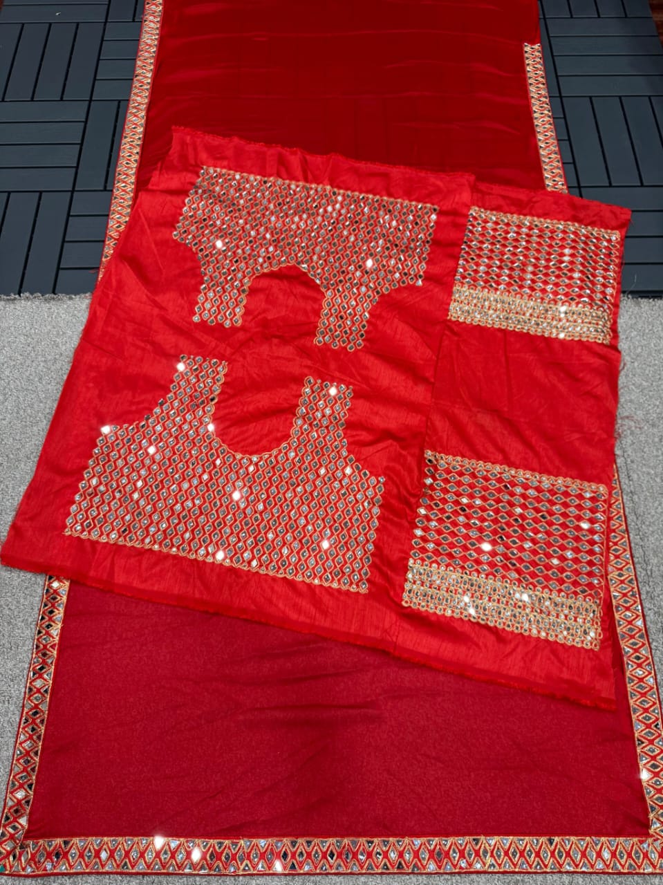 Party Wear Red Rangoli Silk Real Mirror Work Saree Blouse