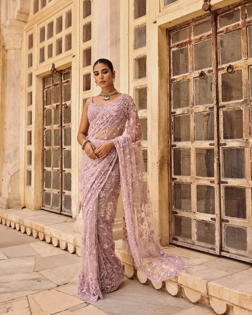 Onion Soft Net Sparkling Sequence Work Saree