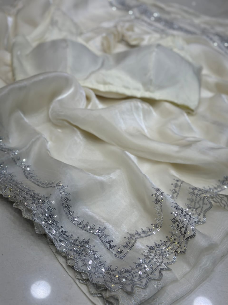 Beautiful Off White Jimmi Chu Silk Sequence Work Saree