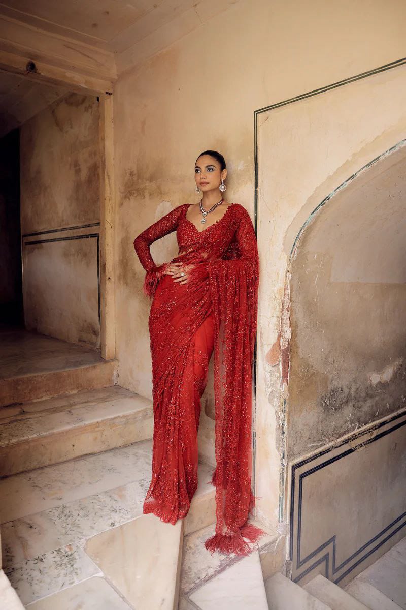 Red Soft Net Sequence Embroidary Work Party Wear Saree