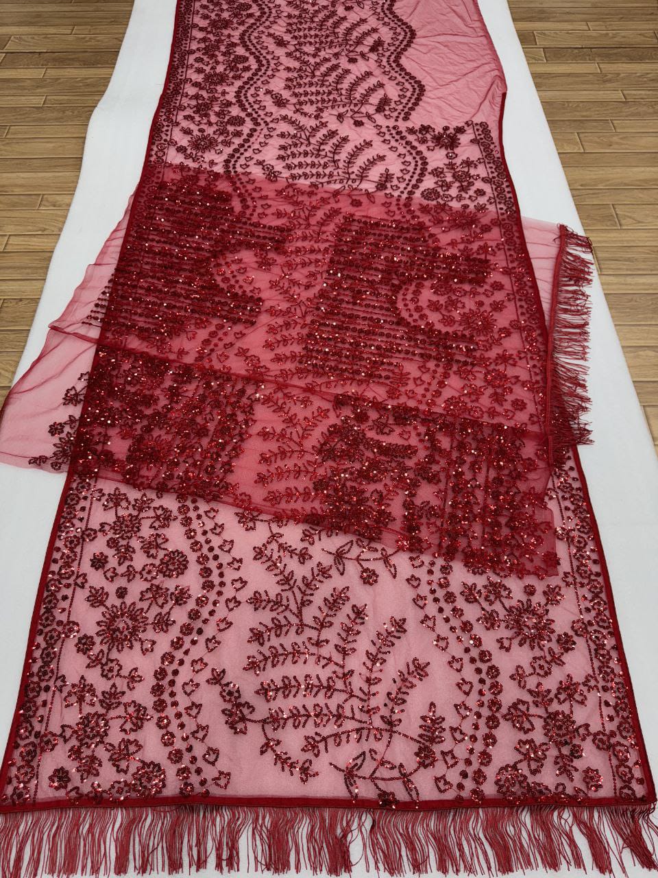 Red Soft Net Sequence Embroidary Work Party Wear Saree