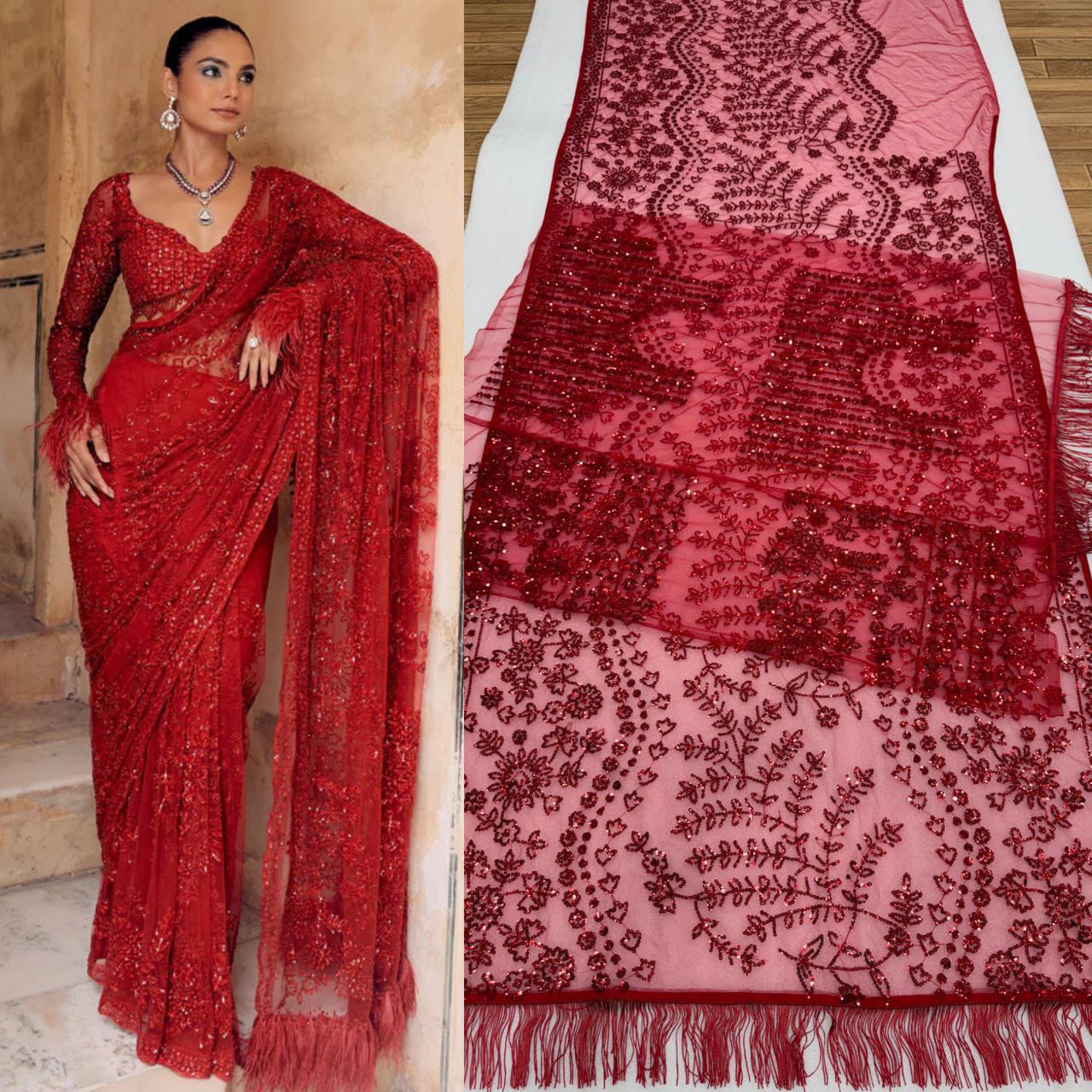 Red Soft Net Sequence Embroidary Work Party Wear Saree