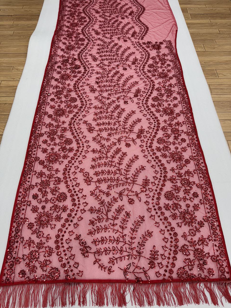 Red Soft Net Sequence Embroidary Work Party Wear Saree