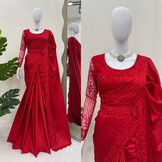 Satin Silk Red Color With Belt and Designer Blouse
