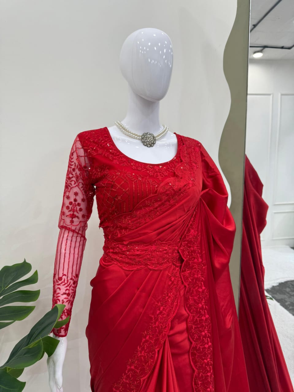 Satin Silk Red Color With Belt and Designer Blouse