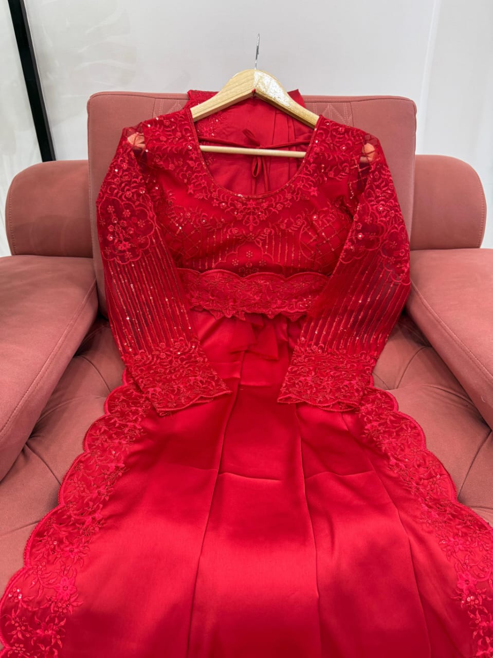 Satin Silk Red Color With Belt and Designer Blouse
