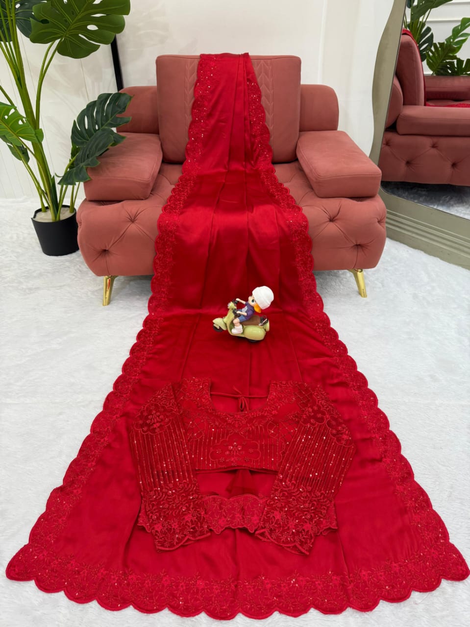 Satin Silk Red Color With Belt and Designer Blouse