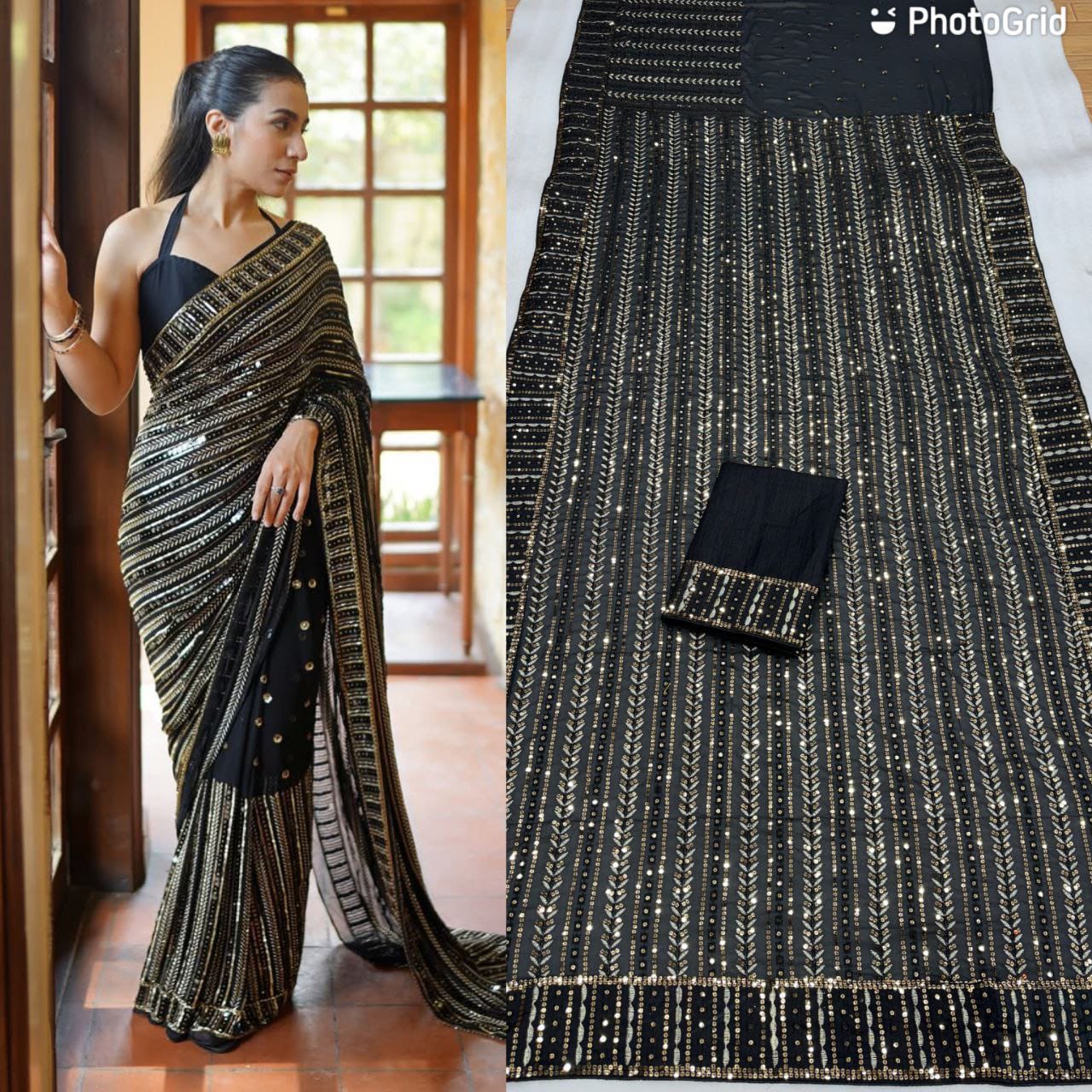 Gold Sequence Work Black Georgette Party Wear Saree