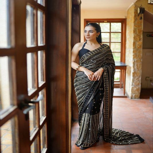 Gold Sequence Work Black Georgette Party Wear Saree