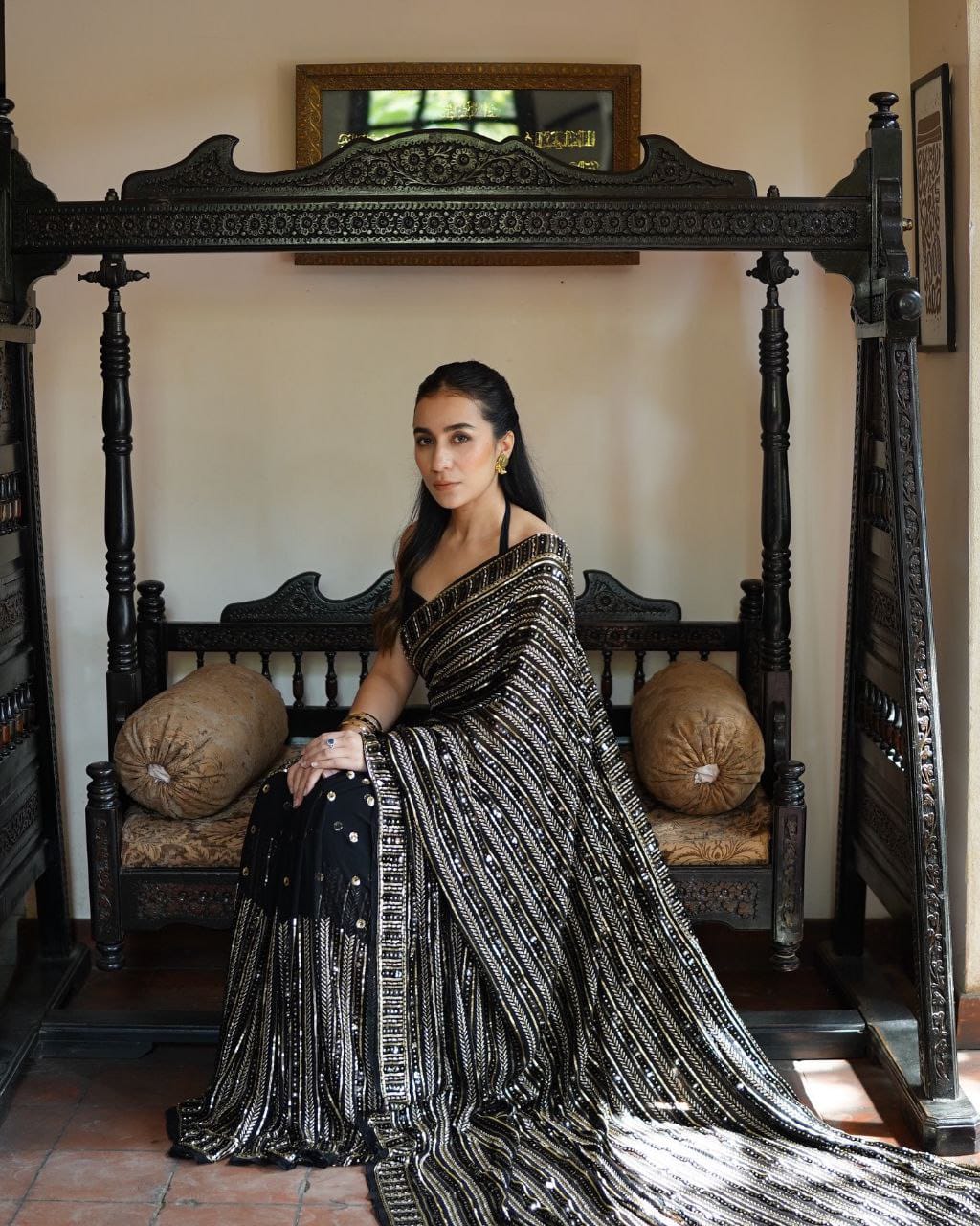 Gold Sequence Work Black Georgette Party Wear Saree