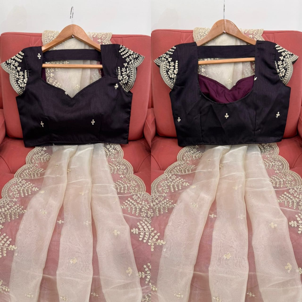 Designer Beige Organza Saree with Stylish Blouse