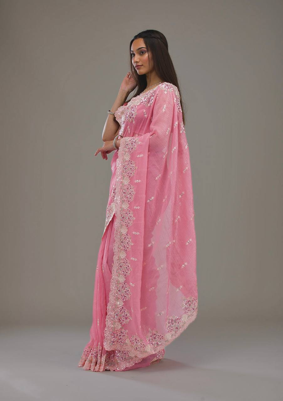 Wedding Wear Pink Color Silk Embroidered Saree Blouse For Women