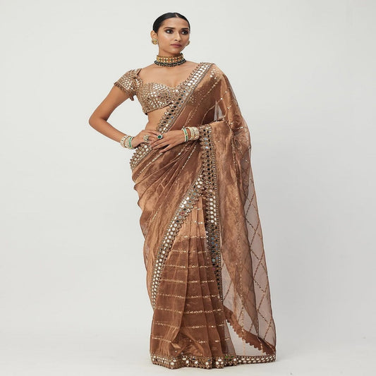 Jimmi Chu Silk Saree with Real Mirror Work Border
