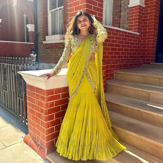 P.Green Georgette Stitched Lehenga Saree