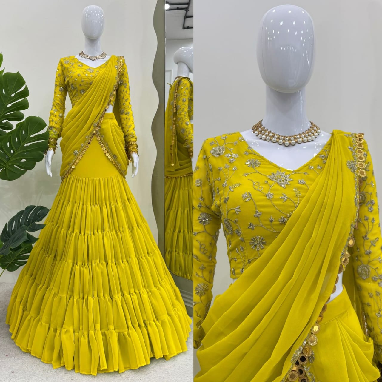 P.Green Georgette Stitched Lehenga Saree