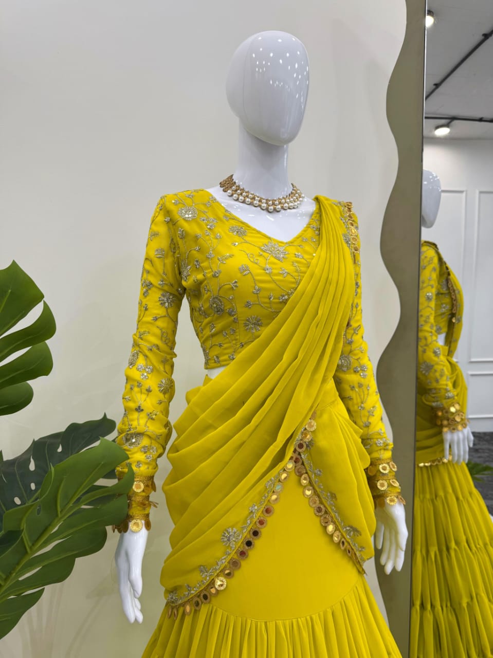 P.Green Georgette Stitched Lehenga Saree
