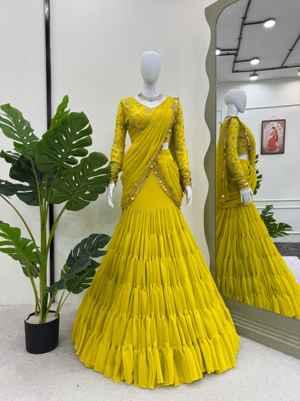 P.Green Georgette Stitched Lehenga Saree