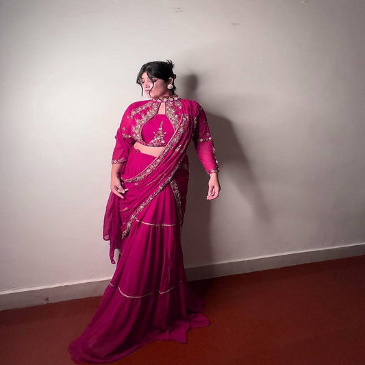 Rose Pink Georgette Stitched Lehenga Saree