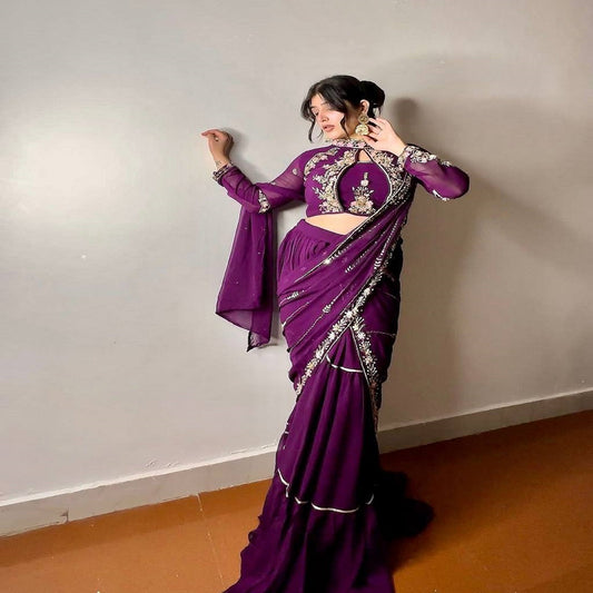 Purple Georgette Stitched Lehenga Saree
