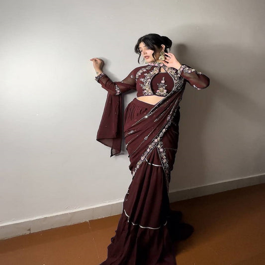 Brown Georgette Stitched Lehenga Saree