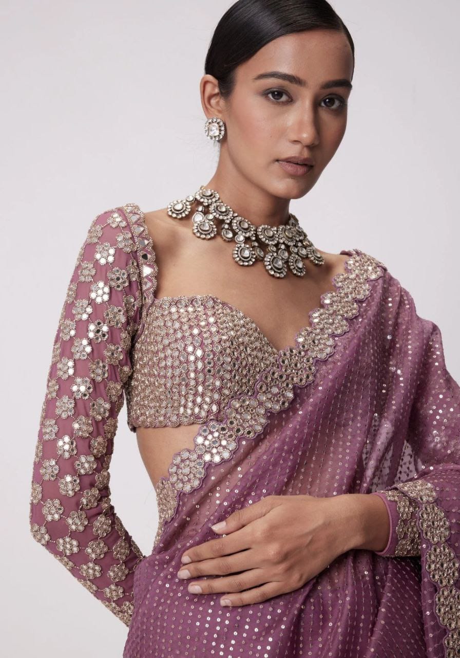 Onion Real Mirror Work Wedding Wear Saree