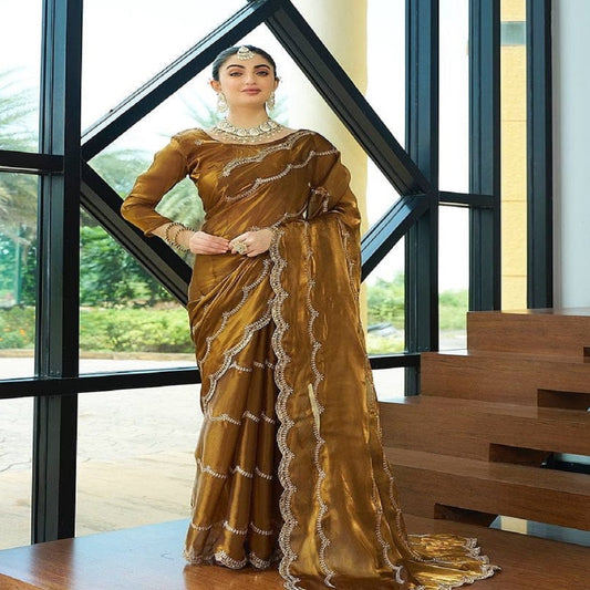 Rust Color Jimmi Chu Silk Sequence Embroidered Work Saree